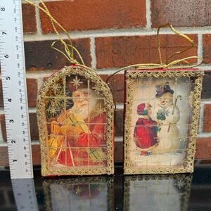 Vintage Handmade Christmas Shadow Box Ornaments Frosty and Old World Santa